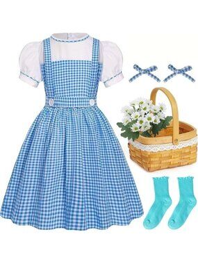 Girls（10-12 Years) Oz Blue Plaid Dress Set Halloween Costume Kids Cosplay